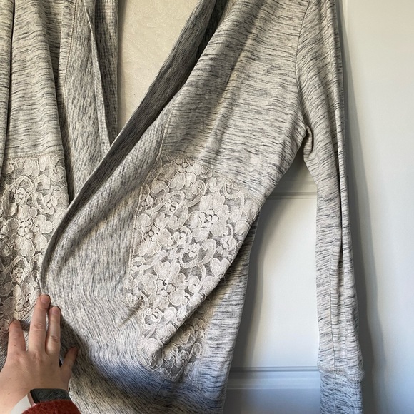 Anthropologie Heathered Gray and Lace Cardigan - Picture 2 of 6